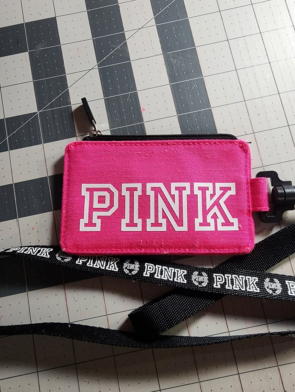 PINK Victoria's Secret Neon Pink and Gray ID Badge Holder with Branded Lanyard